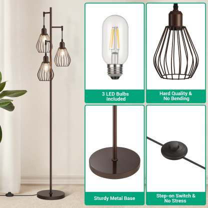 EDISHINE Industrial Tree Floor Lamp with with 3 Elegant Teardrop Cage Head (1 Pack)-HOFL03F