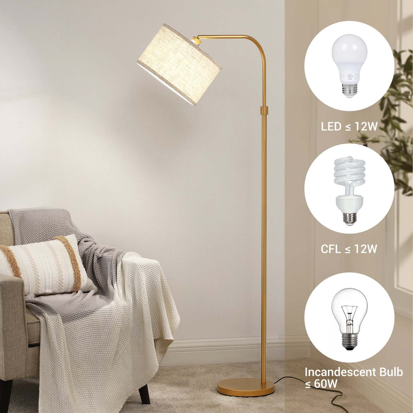 EDISHINE 62" Modern Arched Gold Floor Lamp-HLFL04G