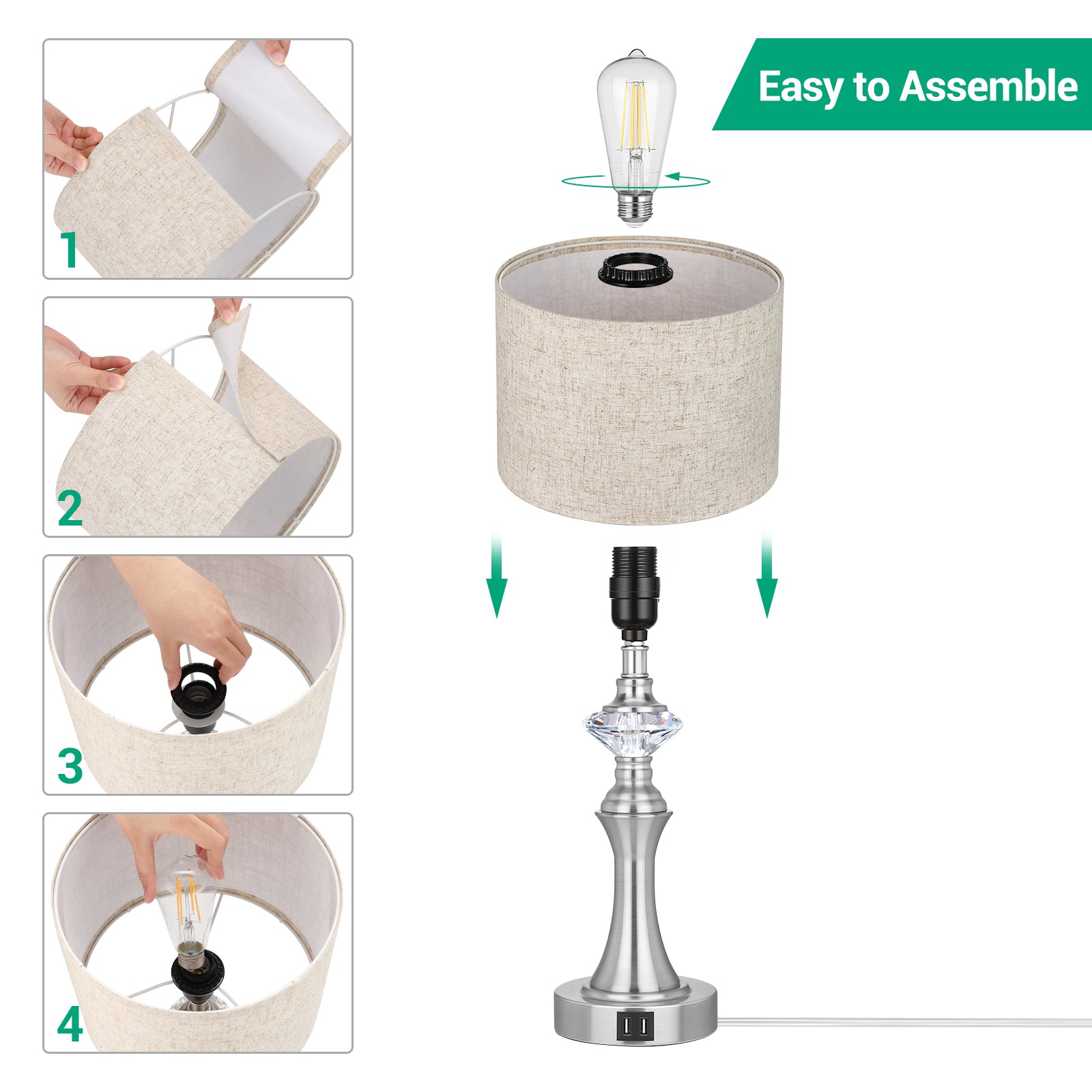 EDISHINE 3-Way Dimmable Touch Control Table Lamp with 2 USB Ports, 2 Pack-HLTL06C1