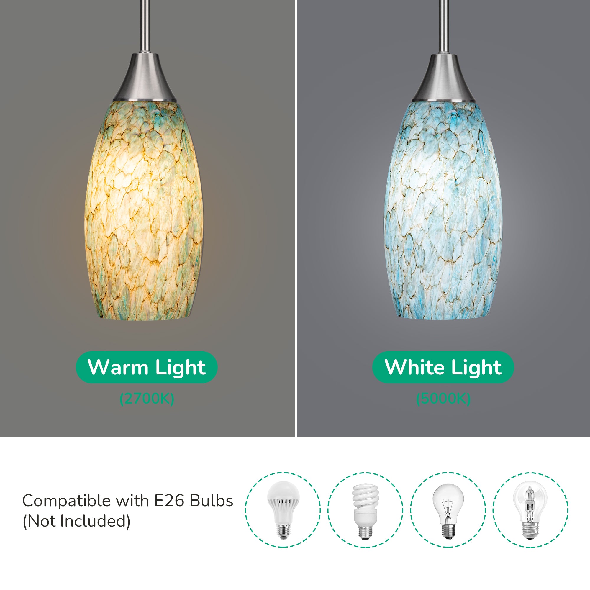 EDISHINE Handcrafted Art Glass Pendant Light Fixtures, Adjustable Cord (1 Pack)-HHPL08B