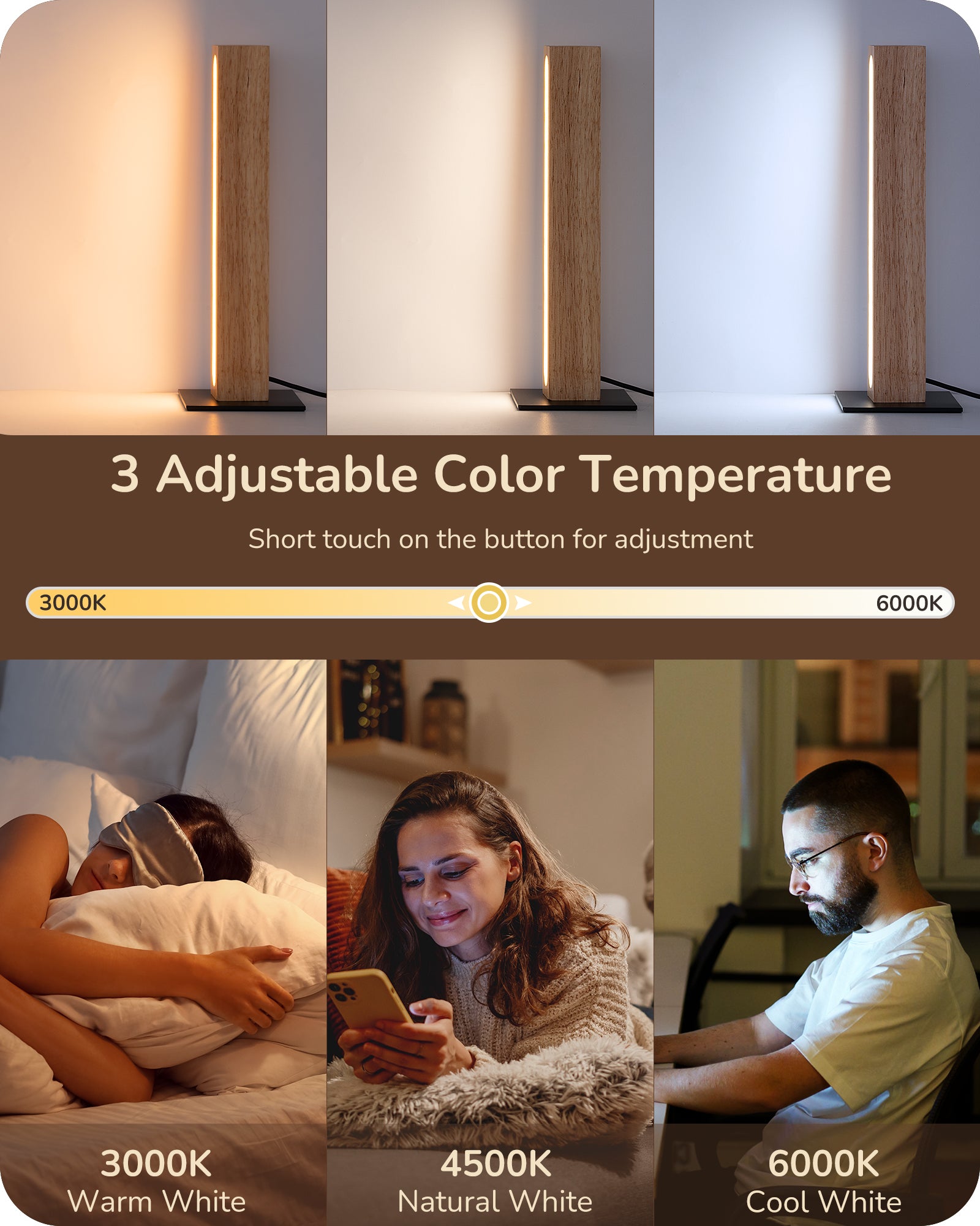 EDISHINE LED Wood Table Lamp, 3-Color Temperature, Stepless Dimmable & Memory Function, Touch Switch-HLTL12K-B2B