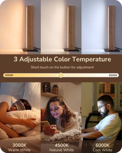 EDISHINE LED Wood Table Lamp, 3-Color Temperature, Stepless Dimmable & Memory Function, Touch Switch-HLTL12K-B2B