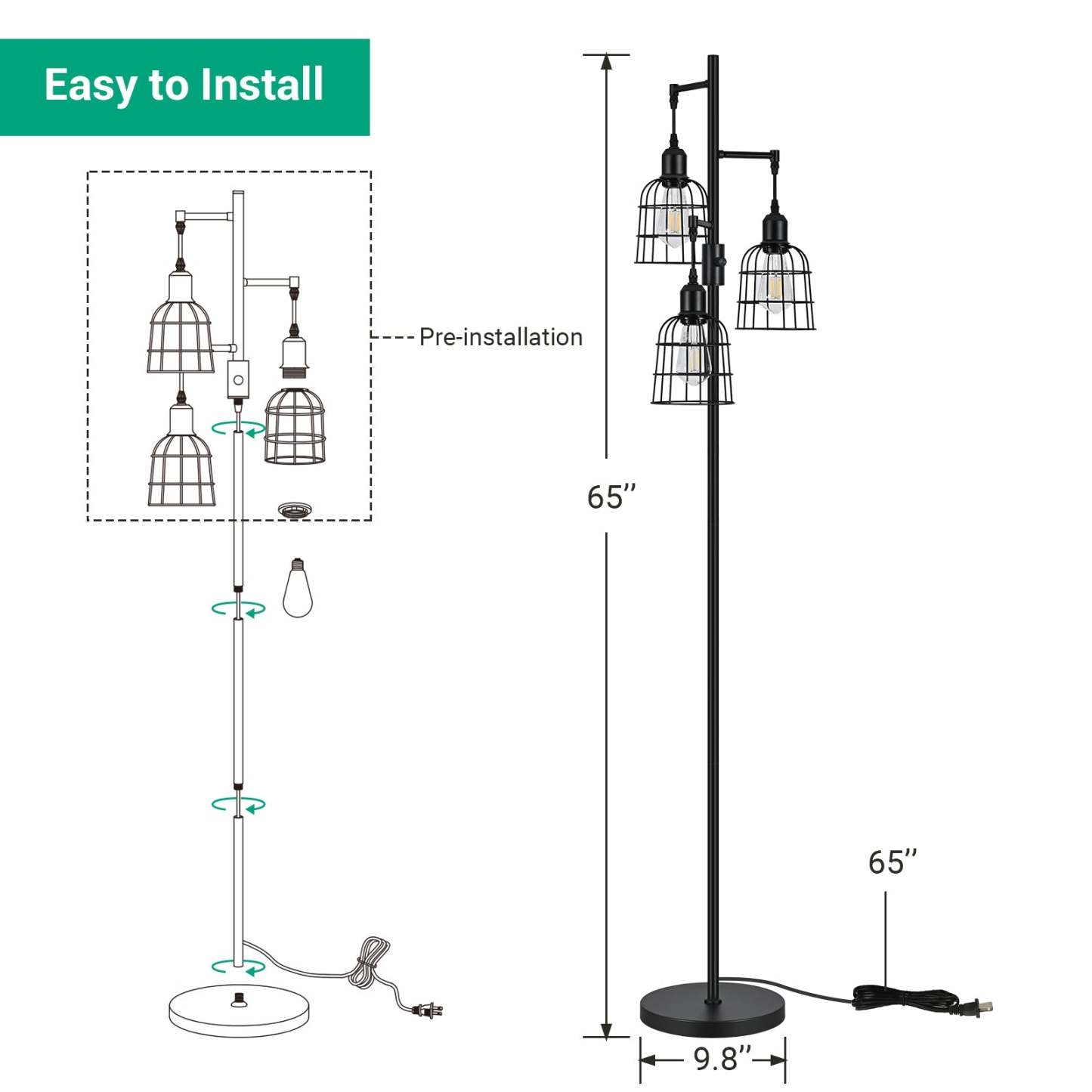 EDISHINE Dimmable Black Farmhouse Floor Lamp with 3 LED Bulbs-HLFL03H