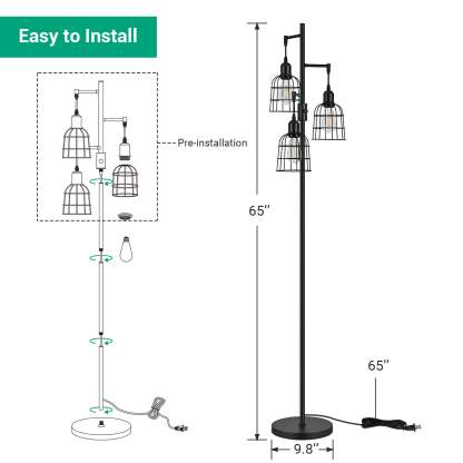 EDISHINE Dimmable Black Farmhouse Floor Lamp with 3 LED Bulbs-HLFL03H