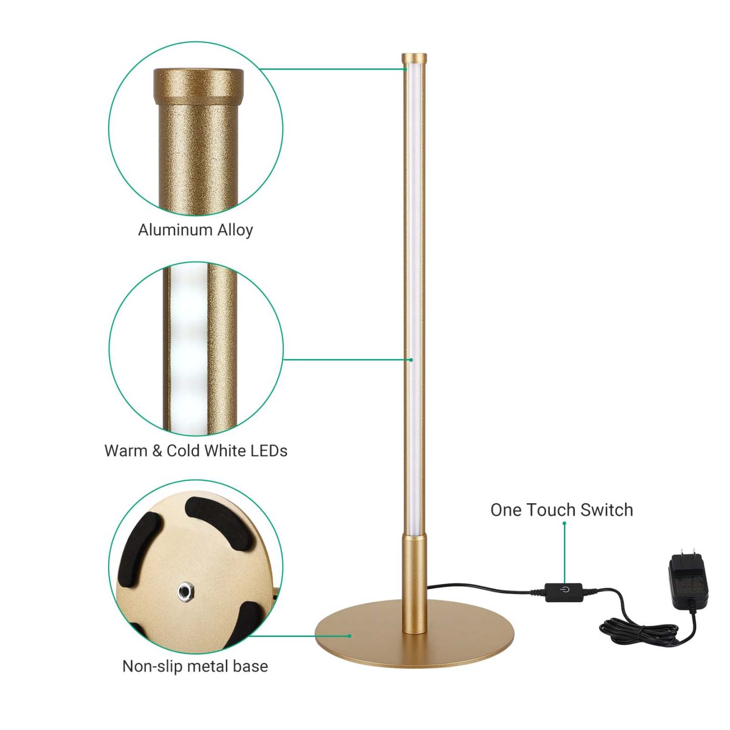 EDISHINE  Dimmable Gold 6W Table Lamp with 3 Colour Temperature & Touch Controller, 1 Pack-HLTL02G