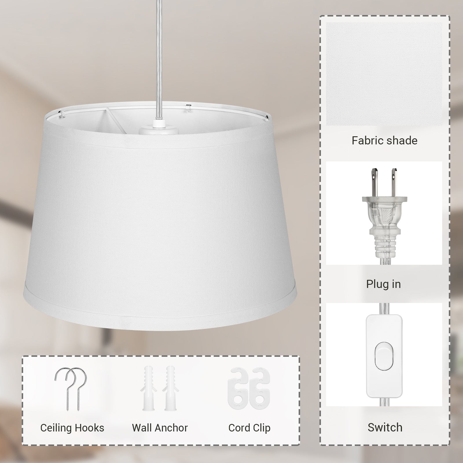 EDISHINE Plug in Pendant Light, Hanging Light with 15Ft Clear Cord, On/Off Switch, White Fabric Shade, Pendant Light Fixture for Bedroom, Kitchen, Living Room, Dining Table-HPIP08B