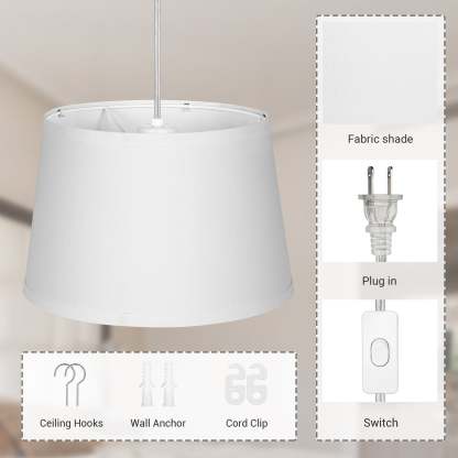EDISHINE Plug in Pendant Light, Hanging Light with 15Ft Clear Cord, On/Off Switch, White Fabric Shade, Pendant Light Fixture for Bedroom, Kitchen, Living Room, Dining Table-HPIP08B