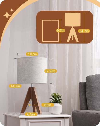 EDISHINE Wooden Tripod Table Lamp with Linen Fabric Lampshade, 2 Pack-HLTL25Q