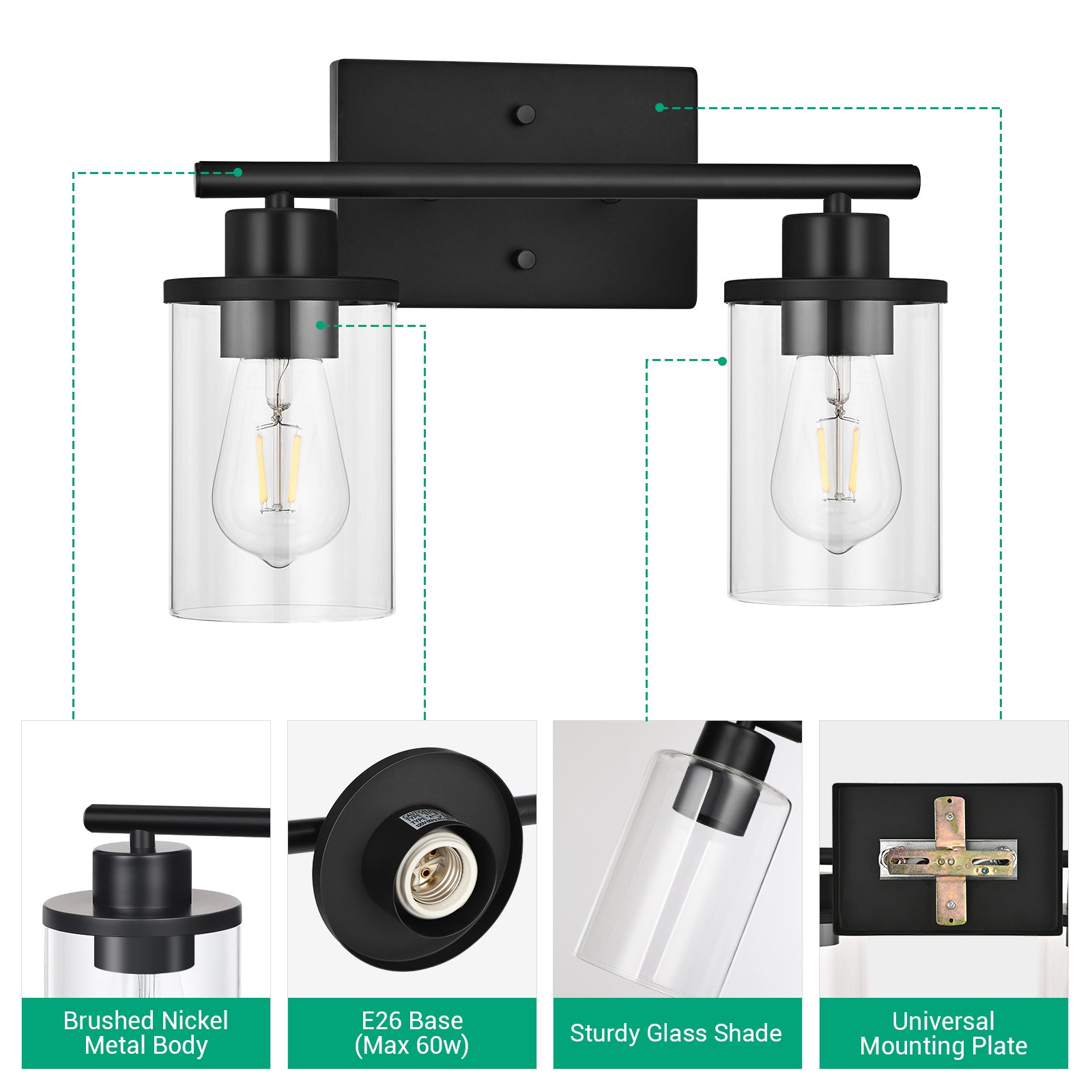 EDISHINE Matte Black Bathroom Light Fixtures-HHVL01B