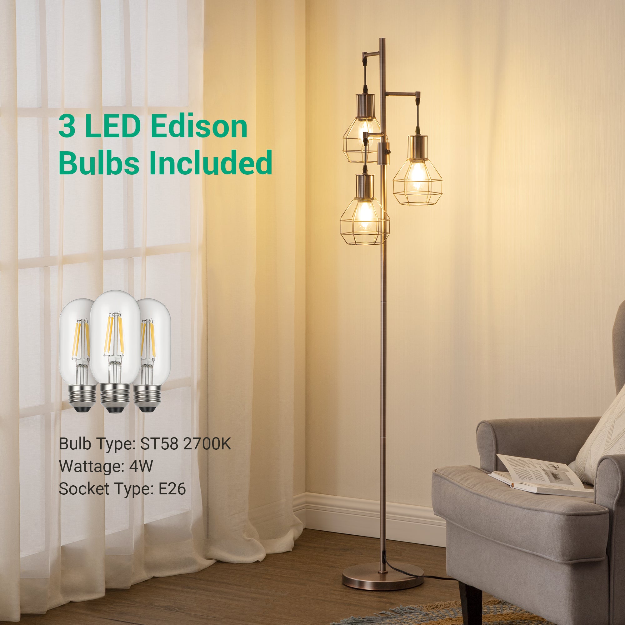 EDISHINE 65" Dimmable Industrial Floor Lamp with 3 LED Bulbs-HOFL03G