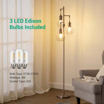 EDISHINE 65" Dimmable Industrial Floor Lamp with 3 LED Bulbs-HOFL03G