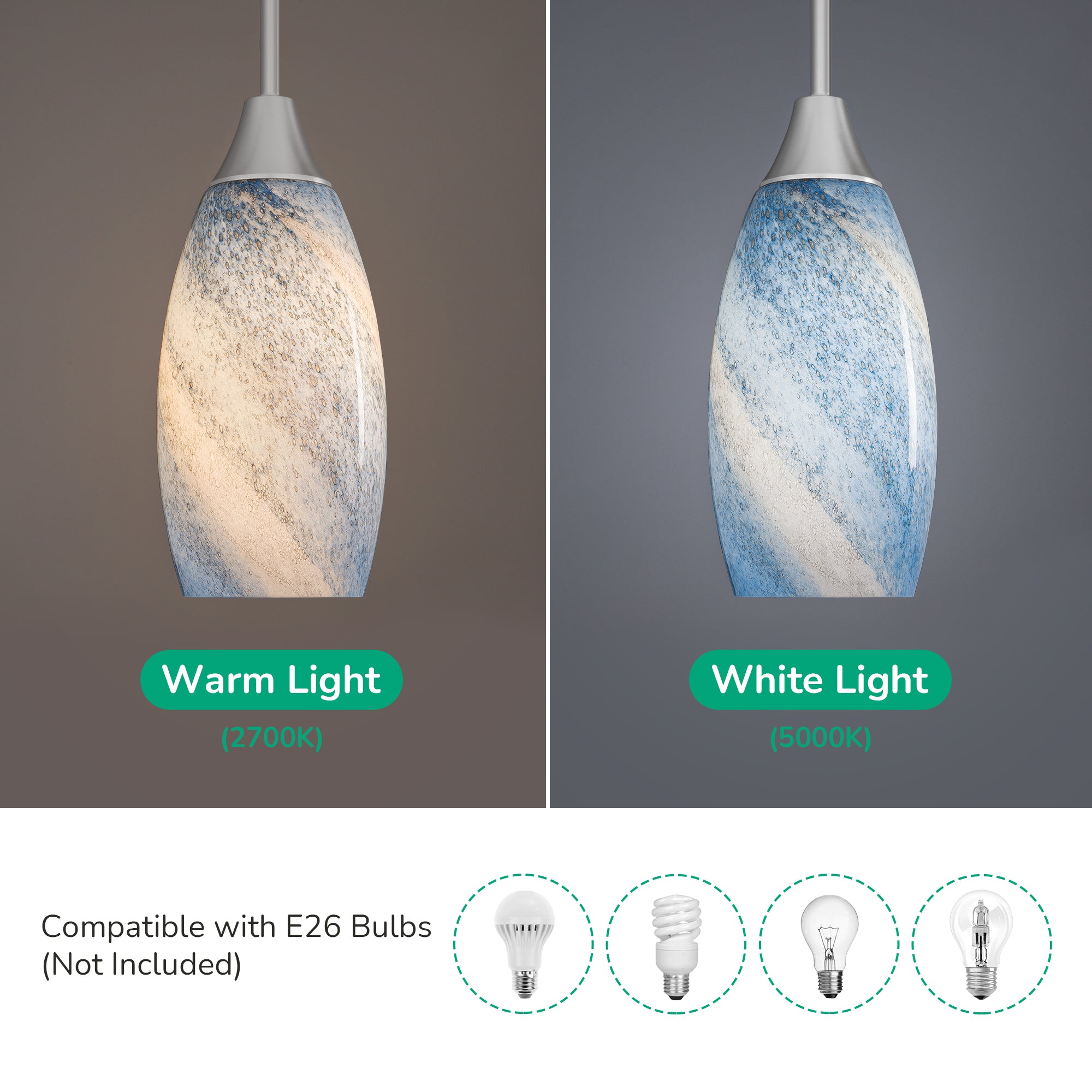 EDISHINE Handcrafted Art Glass Pendant Light Fixtures, Adjustable Cord (1 Pack)-HHPL08C