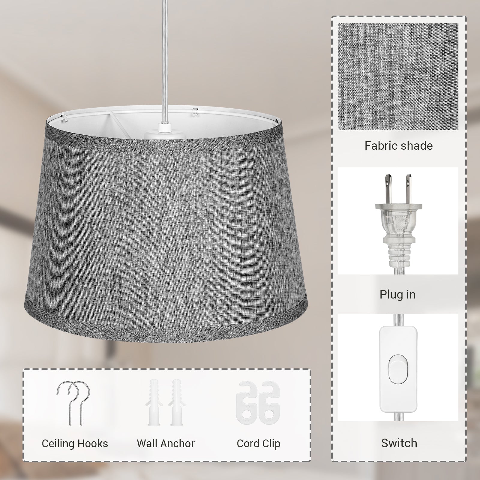 EDISHINE Plug in Pendant Light, Hanging Light with 15Ft Clear Cord, On/Off Switch, White Fabric Shade, Pendant Light Fixture for Bedroom, Kitchen, Living Room, Dining Table-HPIP08C