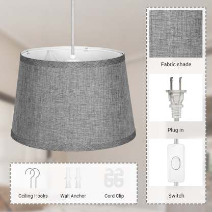 EDISHINE Plug in Pendant Light, Hanging Light with 15Ft Clear Cord, On/Off Switch, White Fabric Shade, Pendant Light Fixture for Bedroom, Kitchen, Living Room, Dining Table-HPIP08C