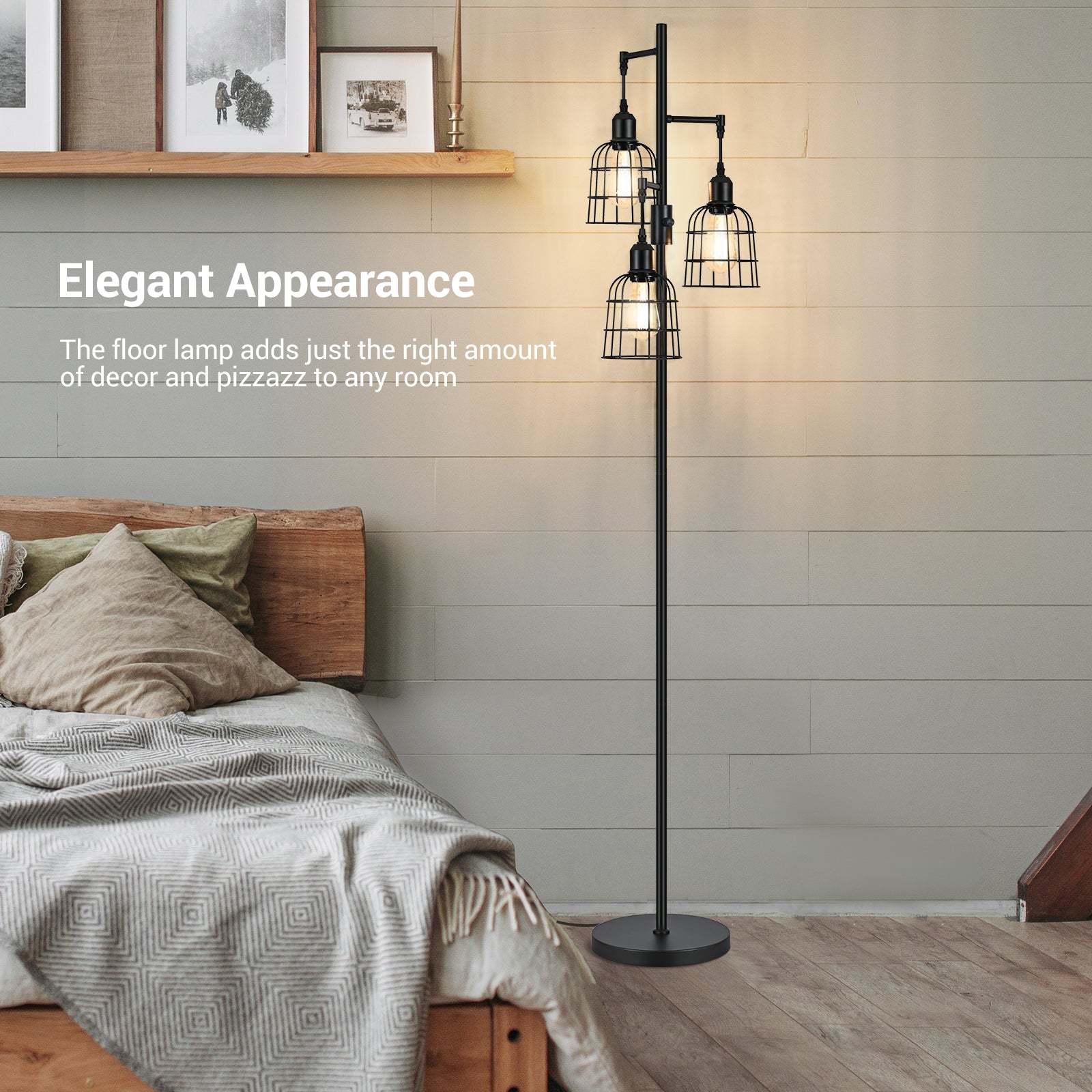 EDISHINE Dimmable Black Farmhouse Floor Lamp with 3 LED Bulbs-HLFL03H