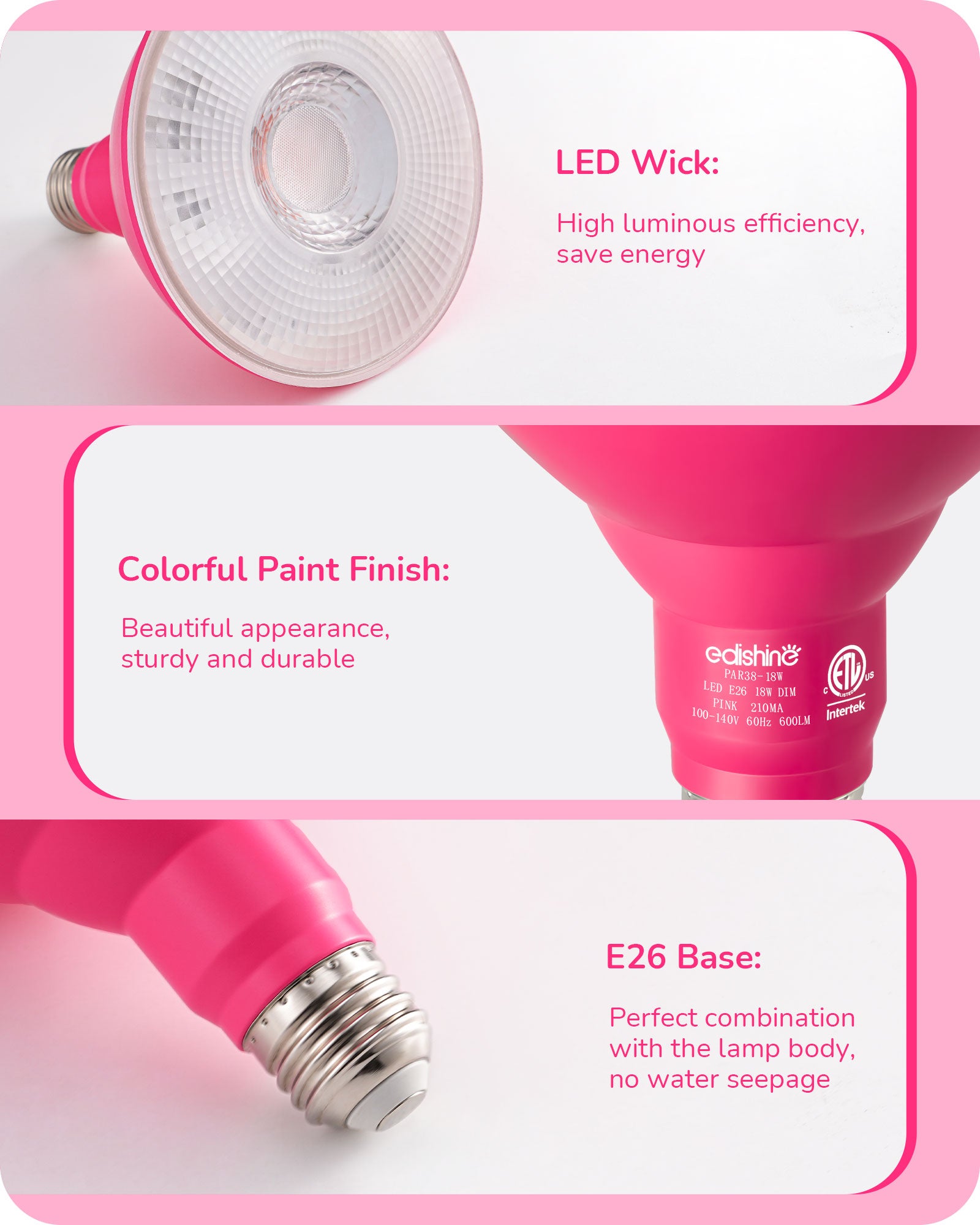 EDISHINE PAR38 Dimmable 18W(120W Equivalent) E26 Base Pink Flood Light Bulb, 2 Pack-HDCP38B