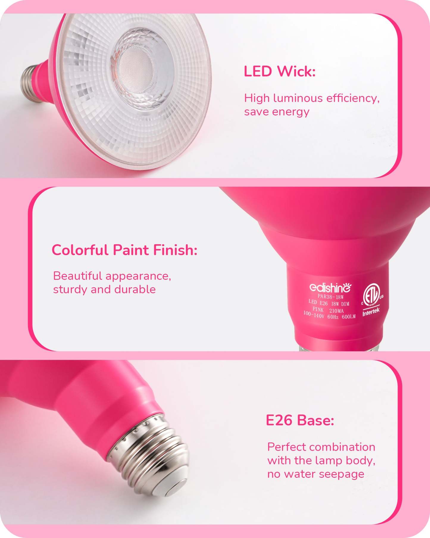 EDISHINE PAR38 Dimmable 18W(120W Equivalent) E26 Base Pink Flood Light Bulb, 2 Pack-HDCP38B
