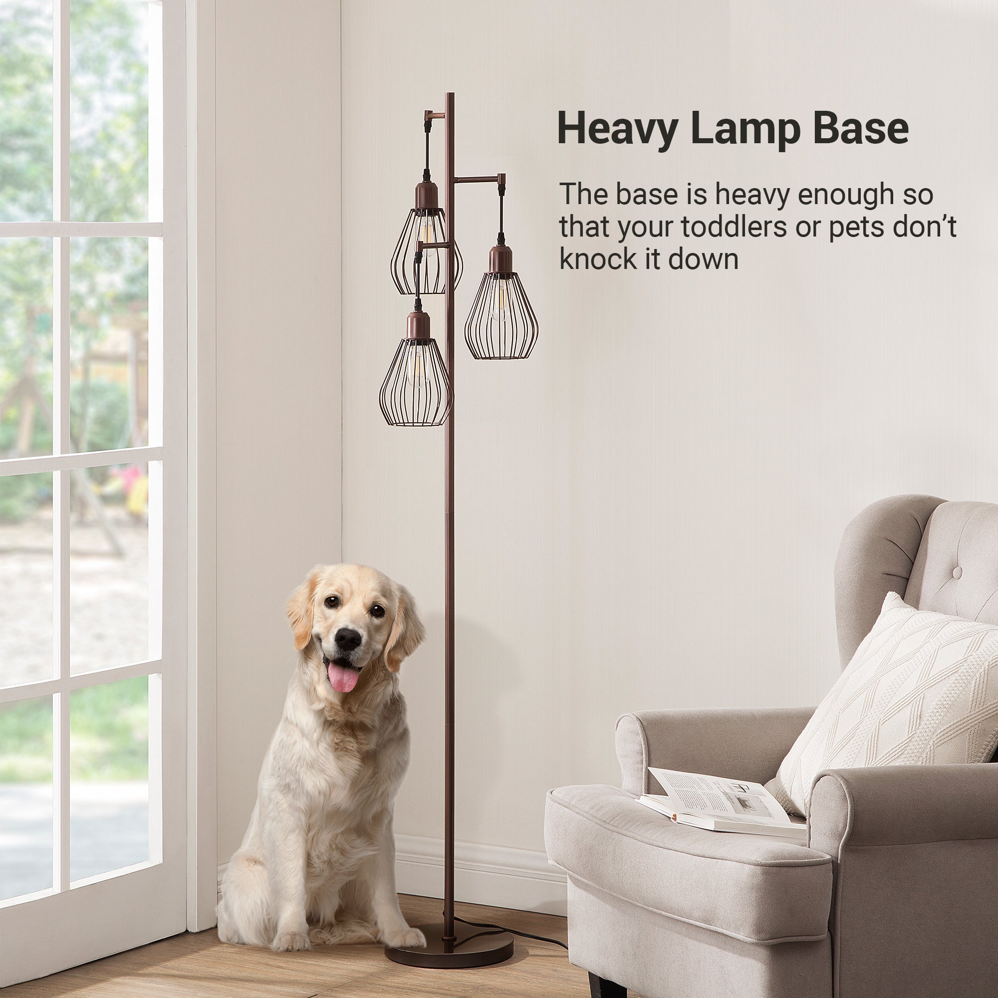 EDISHINE Industrial Tree Floor Lamp with with 3 Elegant Teardrop Cage Head (1 Pack)-HOFL03F