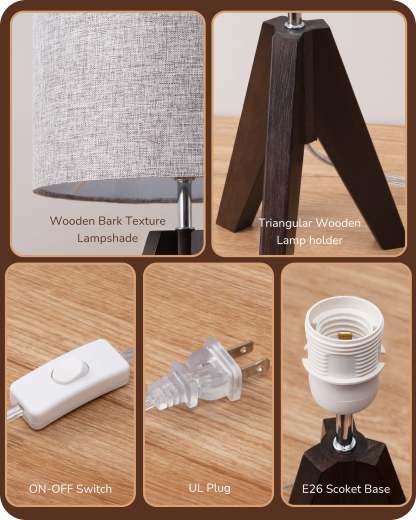 EDISHINE 14.2″ Walnut Color Wooden Tripod Table Lamp, 1 Pack-HLTL05R