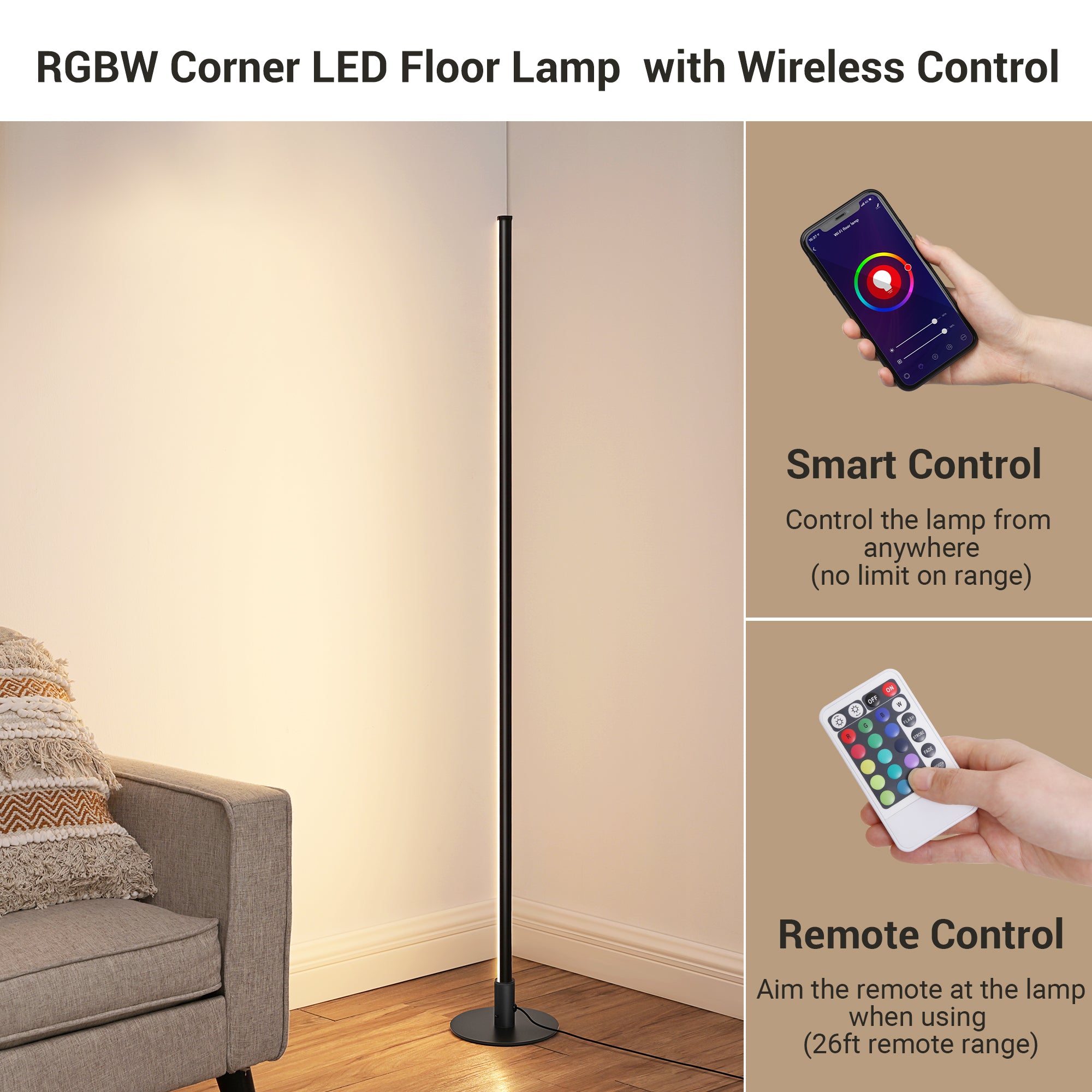 EDISHINE  Black RGBW, Mood Lighing, Smart WiFi Dimmable Floor Lamp with App & Remote Control, 1 Pack-HFLK02W