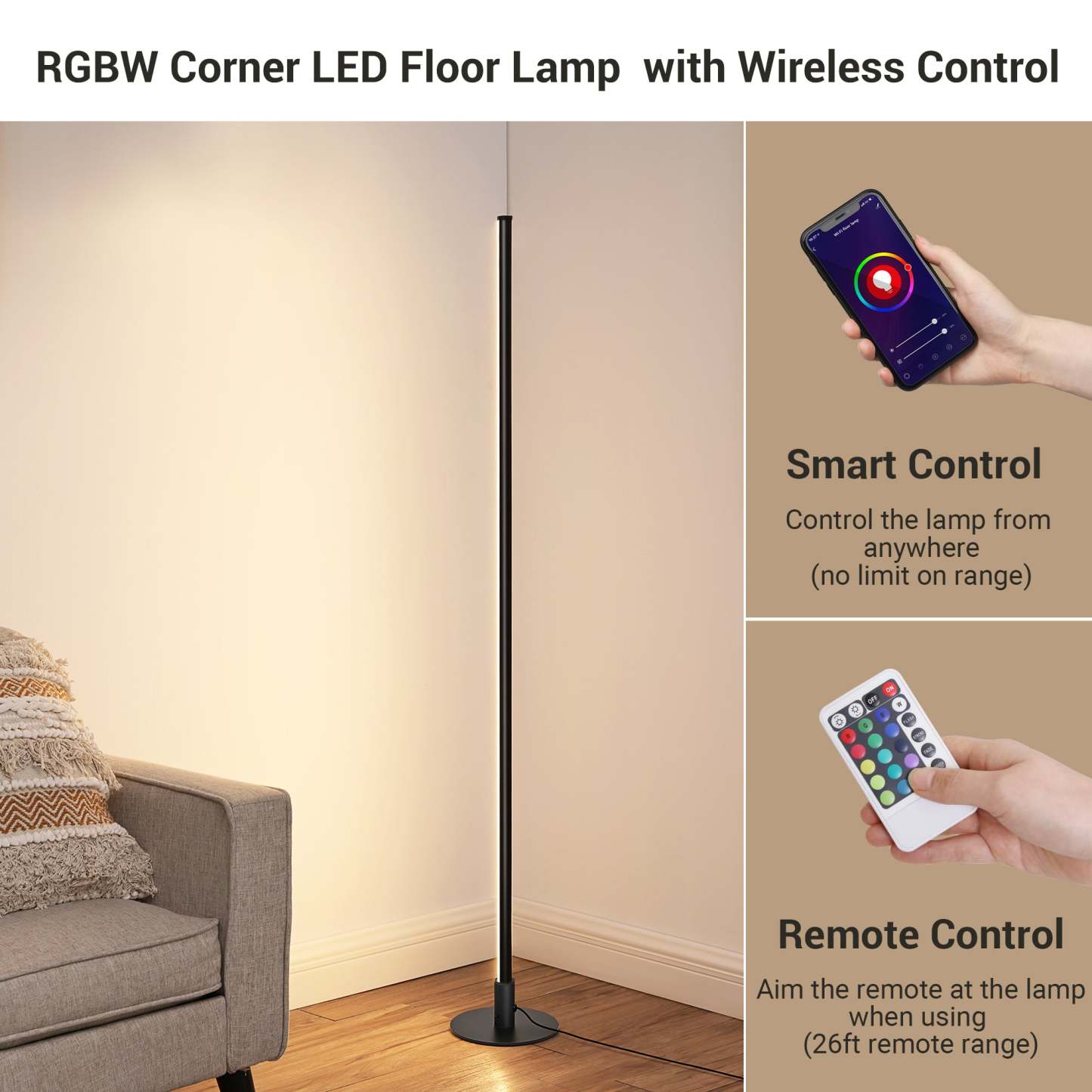 EDISHINE  Black RGBW, Mood Lighing, Smart WiFi Dimmable Floor Lamp with App & Remote Control, 1 Pack-HFLK02W