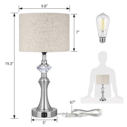 EDISHINE 3-Way Dimmable Touch Control Table Lamp with 2 USB Ports, 2 Pack-HLTL06C1