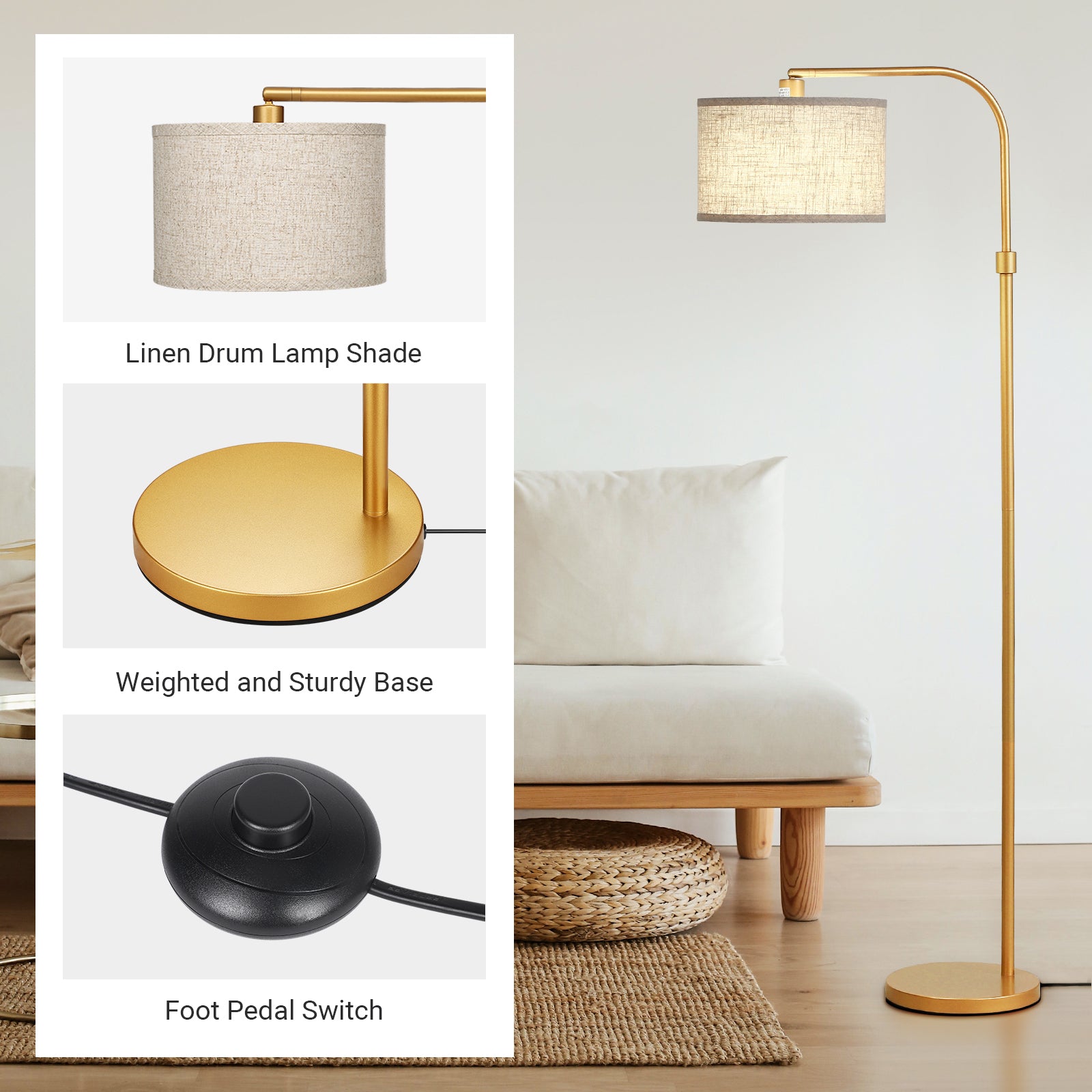 EDISHINE 62" Modern Arched Gold Floor Lamp-HLFL04G