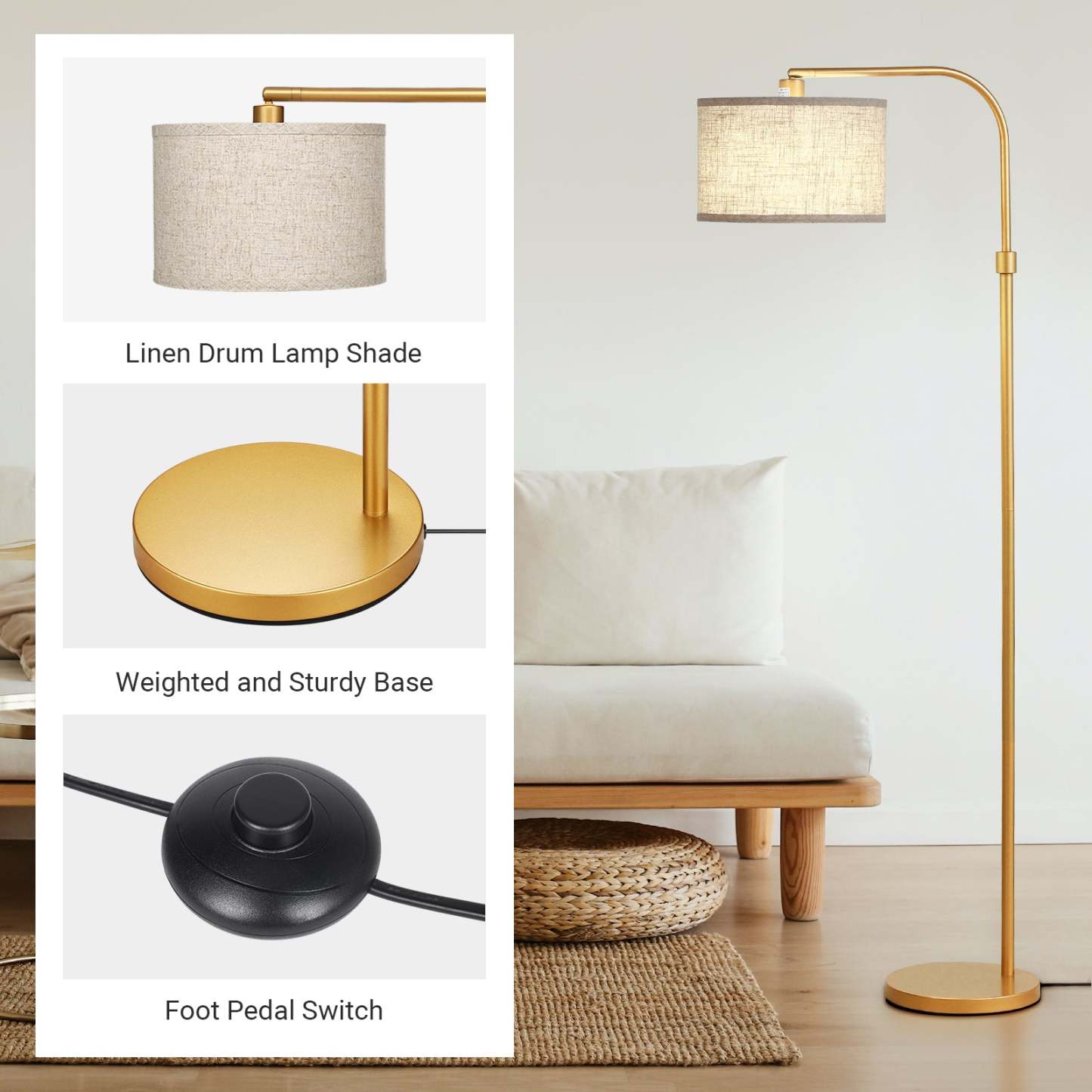 EDISHINE 62" Modern Arched Gold Floor Lamp-HLFL04G