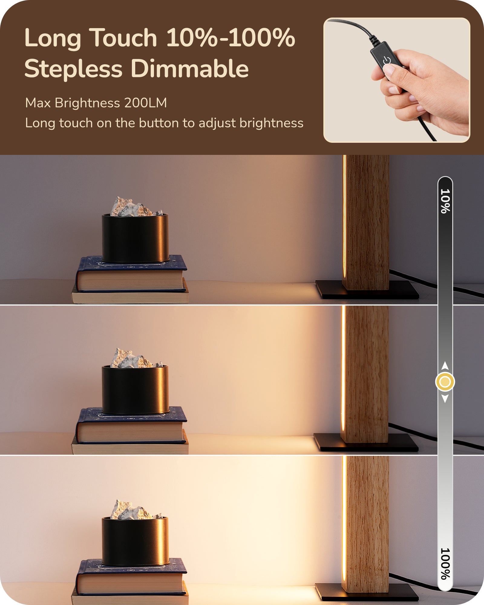 EDISHINE LED Wood Table Lamp, 3-Color Temperature, Stepless Dimmable & Memory Function, Touch Switch-HLTL12K-B2B