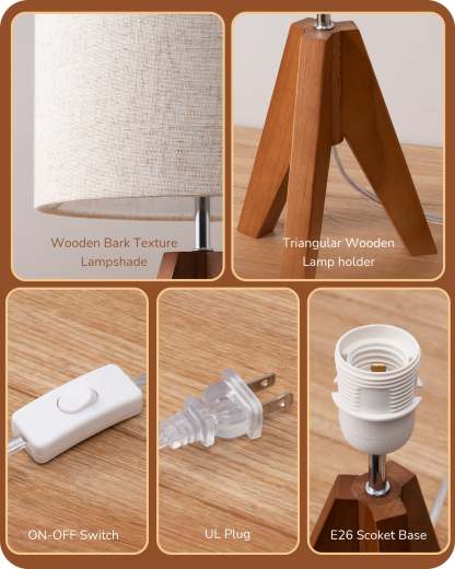 EDISHINE Wooden Tripod Table Lamp with Linen Fabric Lampshade, 2 Pack-HLTL25Q