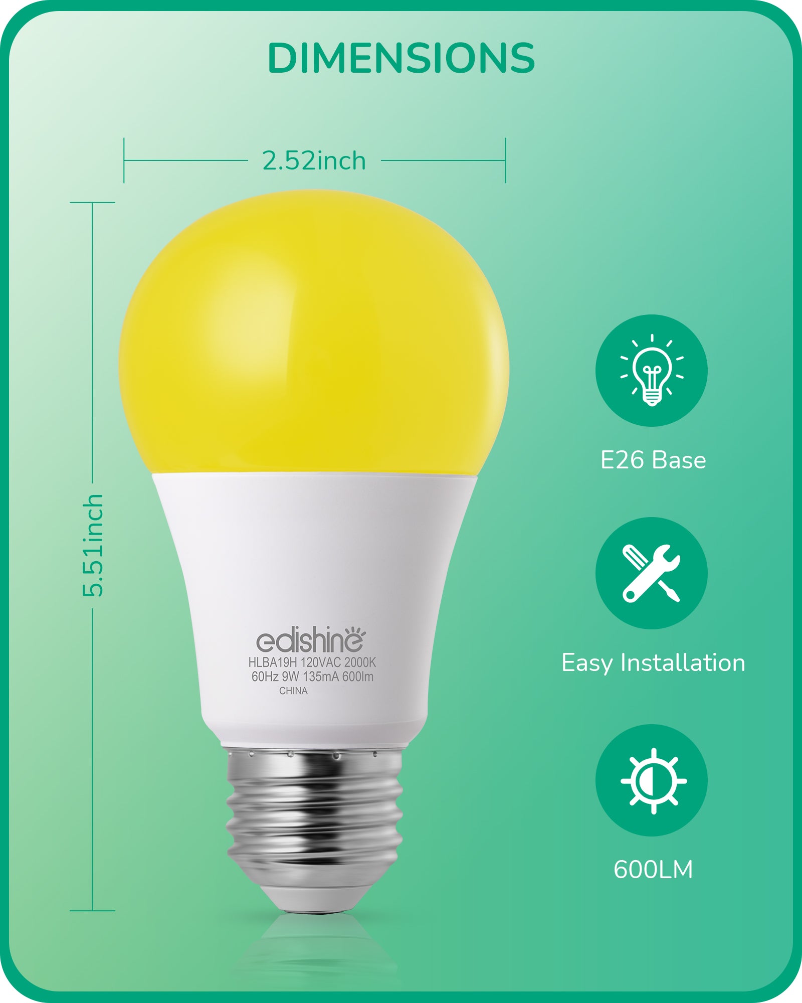 EDISHINE Dusk to Dawn 9W (60W Equivalent) A19 Non-Dimmable Yellow Light Bulb (4 Pack)-HLBA19H-B2B