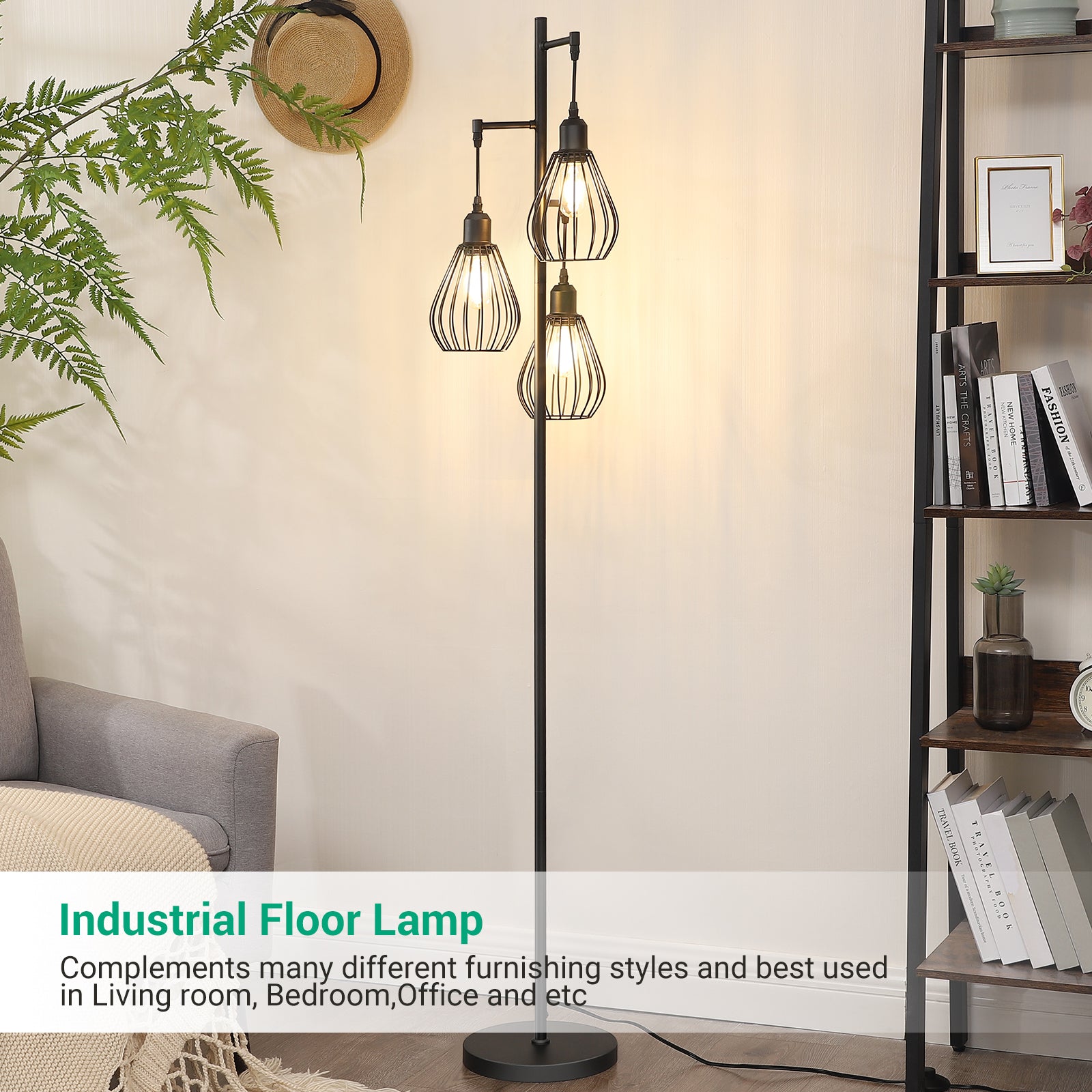 EDISHINE Industrial Floor Lamp with 3 Elegant Teardrop Cage Head (1 Pack)-HLFL03F