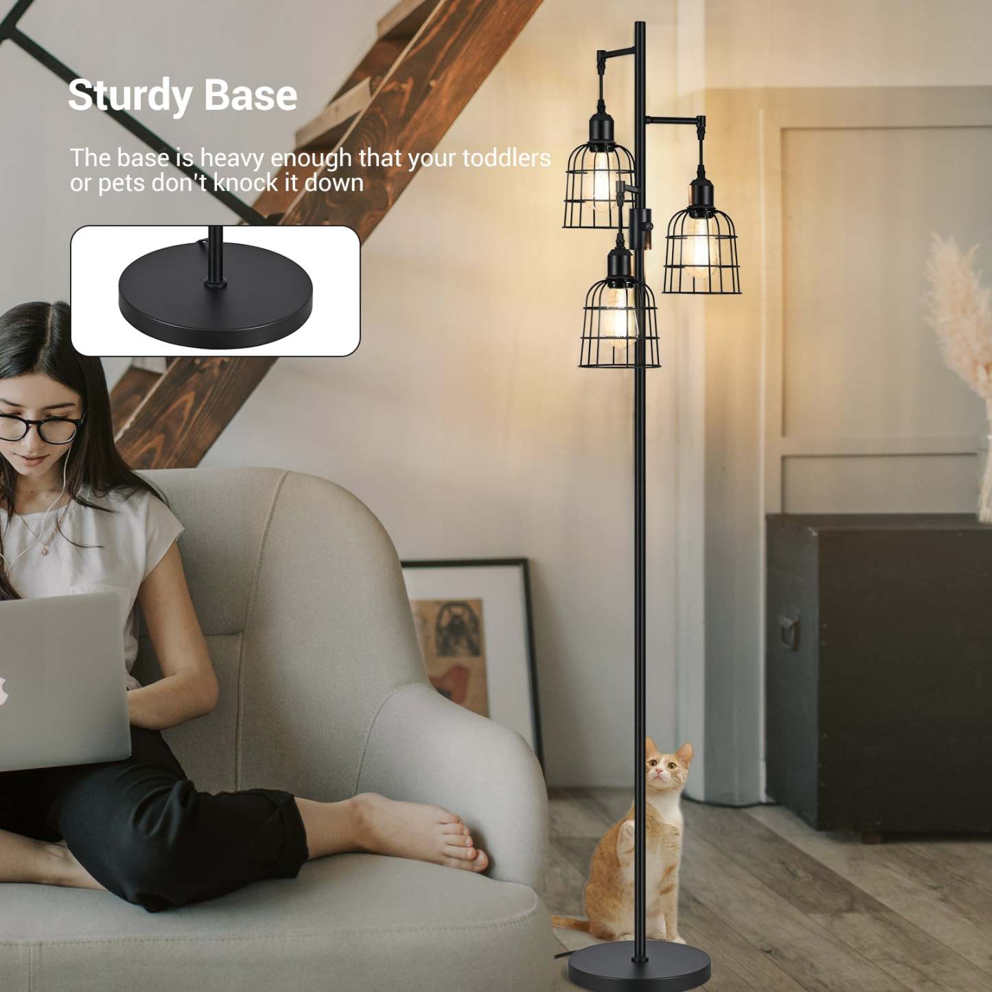 EDISHINE Dimmable Black Farmhouse Floor Lamp with 3 LED Bulbs-HLFL03H