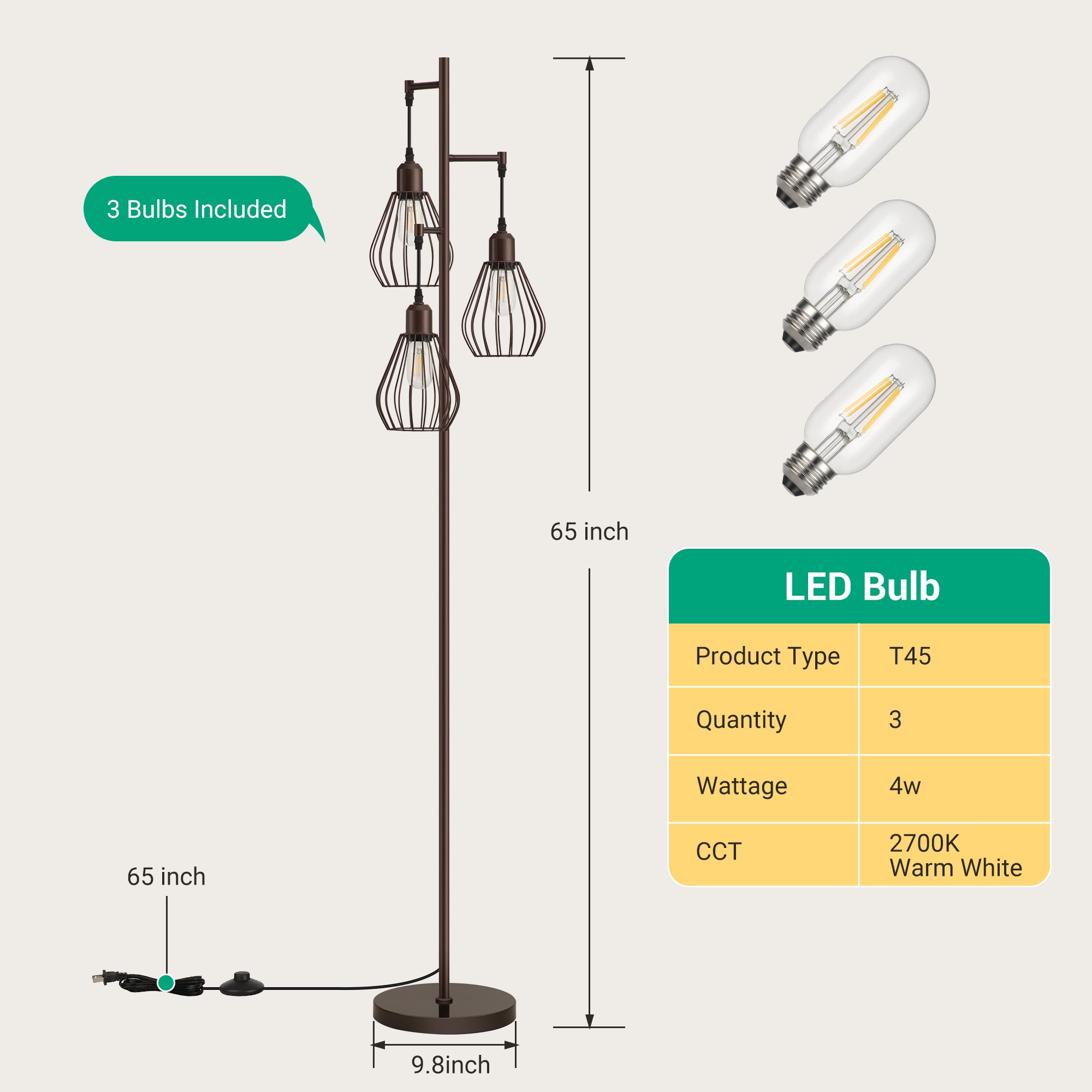 EDISHINE Industrial Tree Floor Lamp with with 3 Elegant Teardrop Cage Head (1 Pack)-HOFL03F