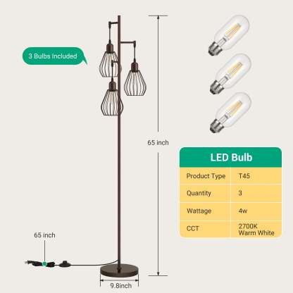 EDISHINE Industrial Tree Floor Lamp with with 3 Elegant Teardrop Cage Head (1 Pack)-HOFL03F
