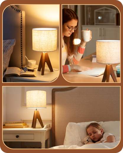 EDISHINE Wooden Tripod Table Lamp with Linen Fabric Lampshade, 2 Pack-HLTL25Q