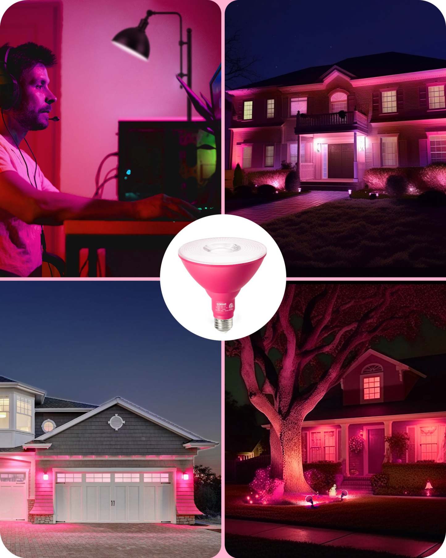 EDISHINE PAR38 Dimmable 18W(120W Equivalent) E26 Base Pink Flood Light Bulb, 2 Pack-HDCP38B