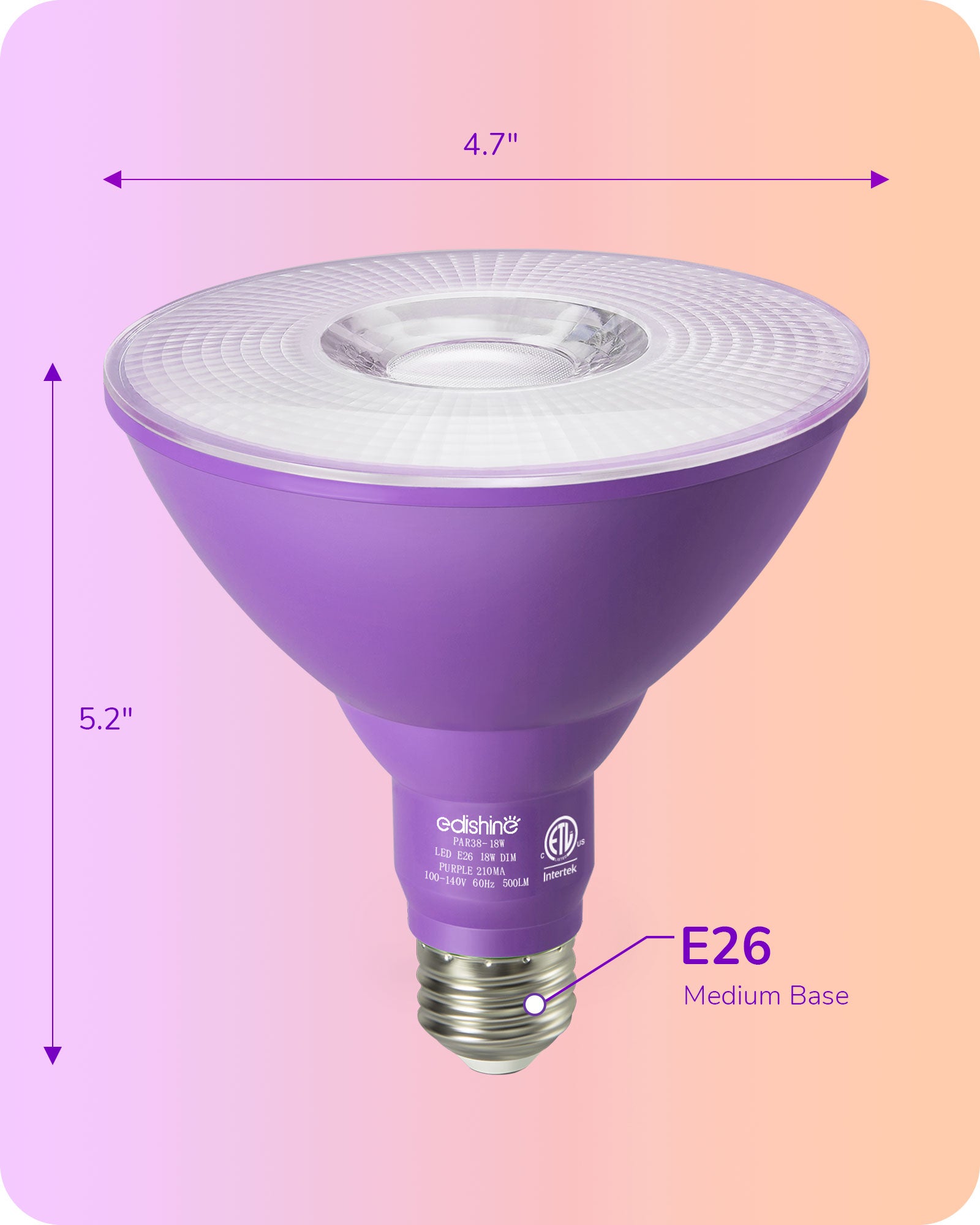 EDISHINE PAR38 Dimmable 18W(120W Equivalent) E26 Base Purple & Orange Flood Light Bulb, 2 Pack-HDCP38A-B2B