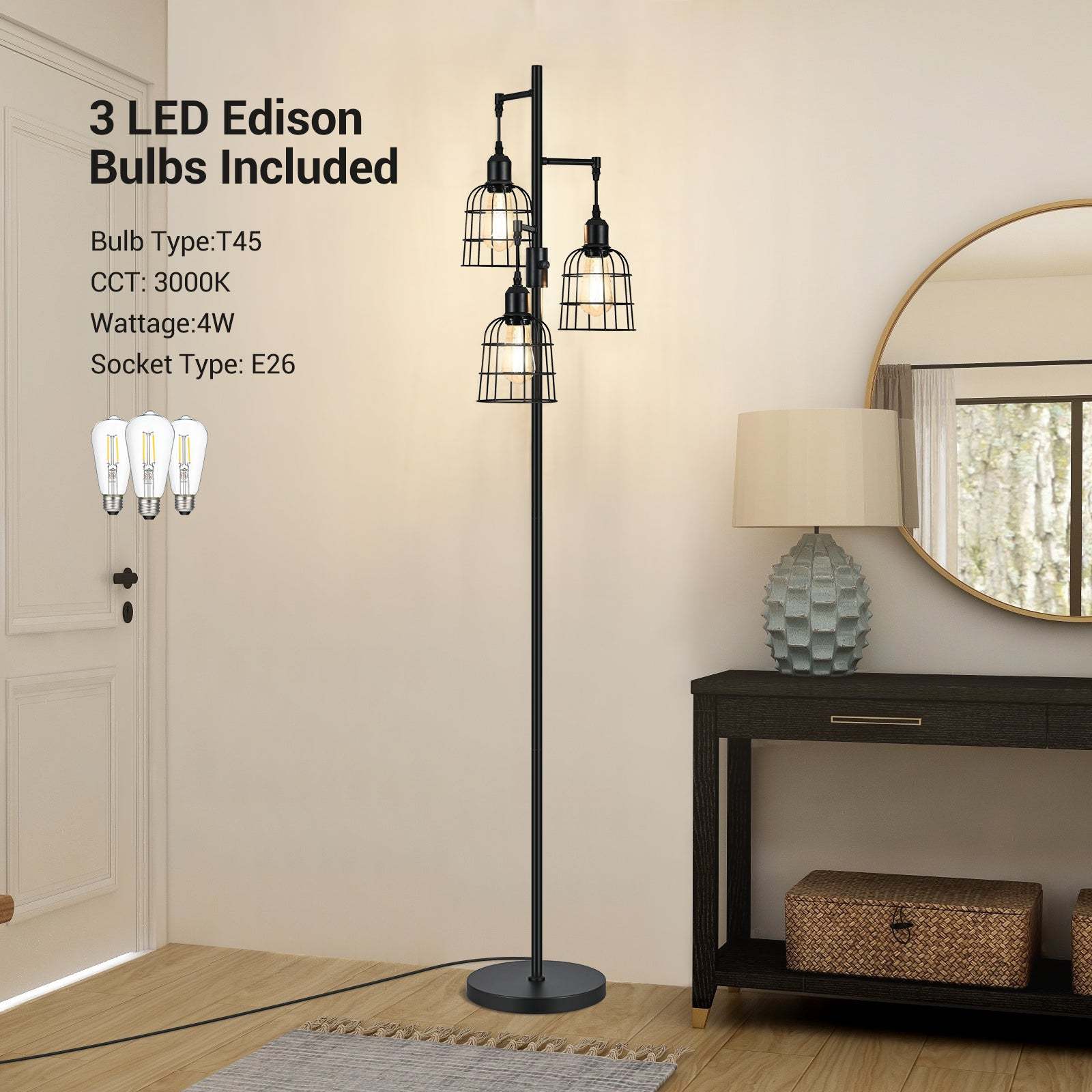 EDISHINE Dimmable Black Farmhouse Floor Lamp with 3 LED Bulbs-HLFL03H
