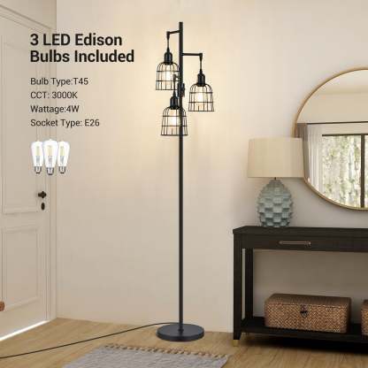 EDISHINE Dimmable Black Farmhouse Floor Lamp with 3 LED Bulbs-HLFL03H