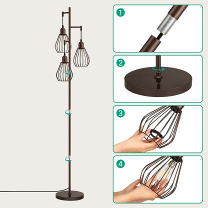 EDISHINE Industrial Tree Floor Lamp with with 3 Elegant Teardrop Cage Head (1 Pack)-HOFL03F