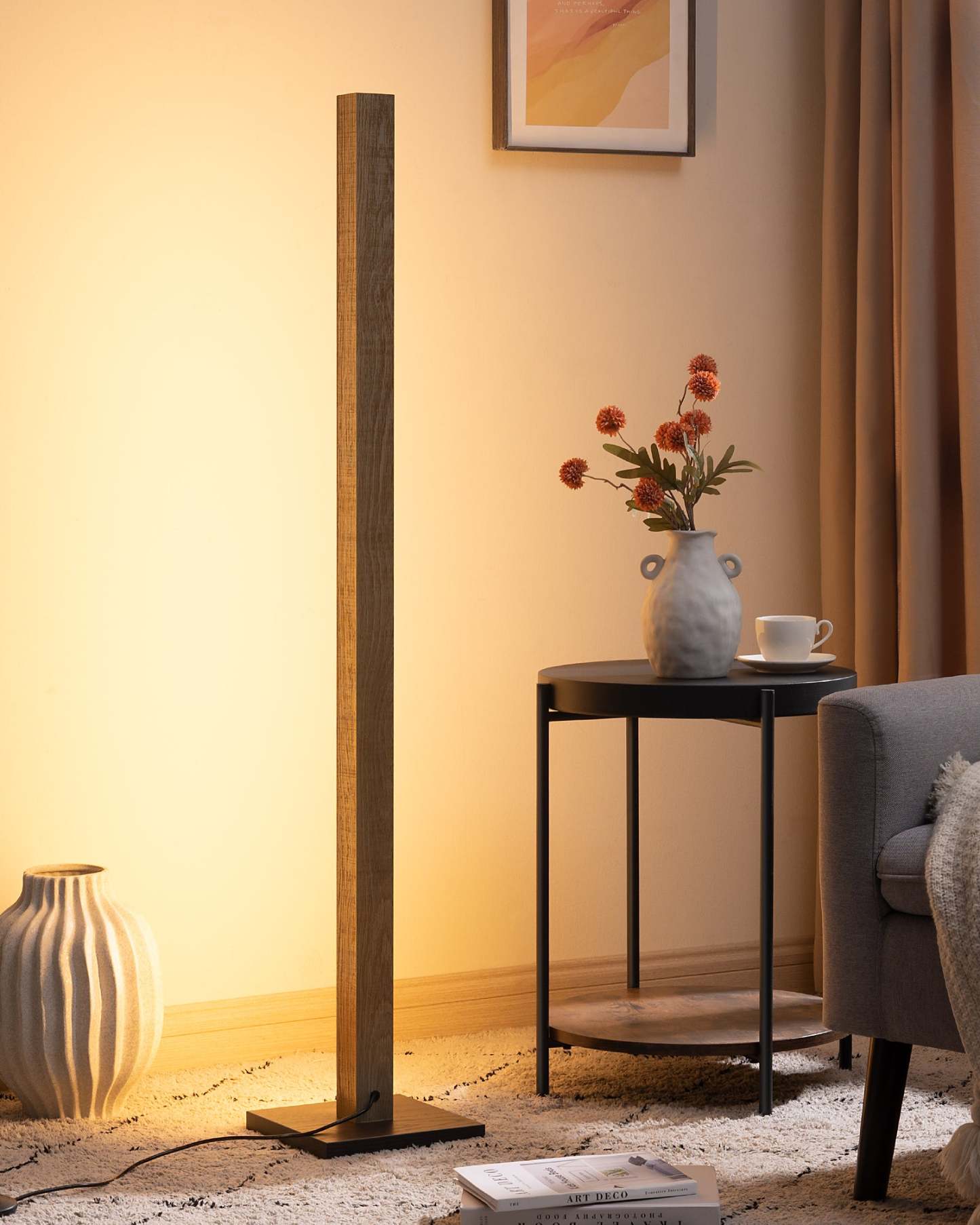 EDISHINE 46" Dimmable Wood Corner Floor Lamp with Remote, 7 Color Temperature-HLFL02V