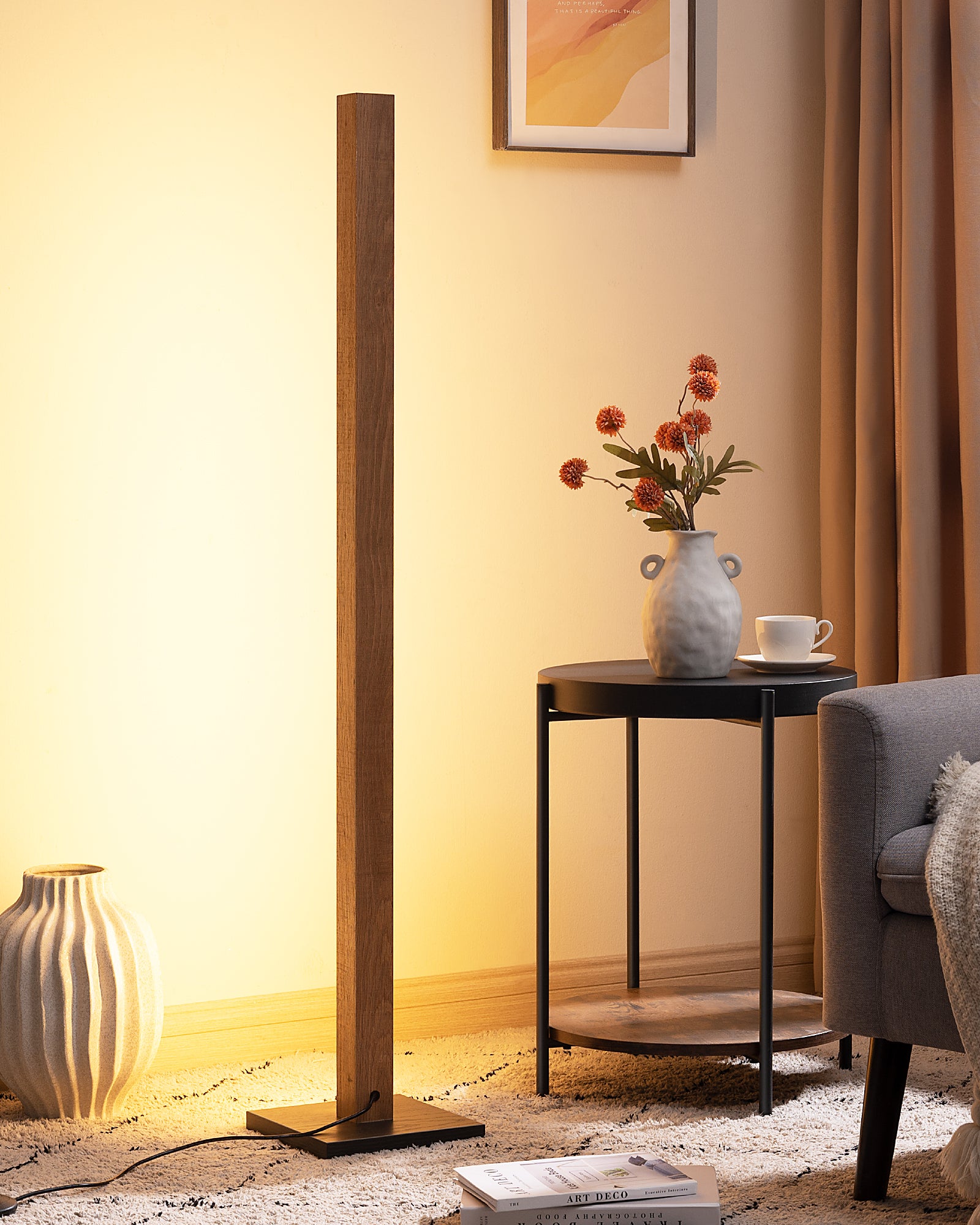 EDISHINE 46" Dimmable Wood Corner Floor Lamp, 7 Color Temperature-HBFL02V