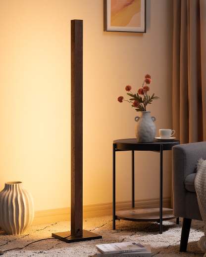 EDISHINE 46" Dimmable Wood Corner Floor Lamp with Remote, 7 Color Temperature-HFLK02V