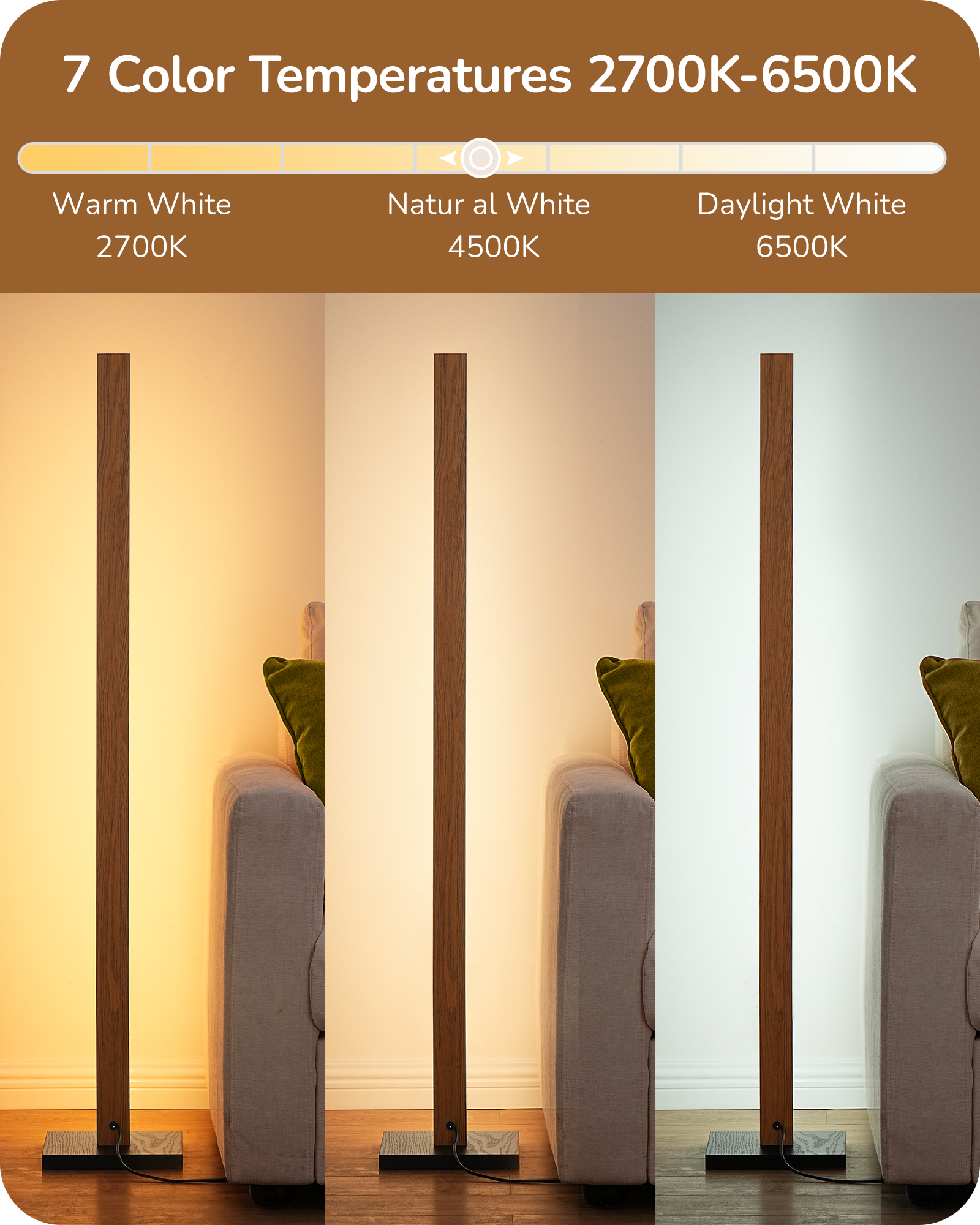 EDISHINE 46" Dimmable Wood Corner Floor Lamp, 7 Color Temperature, Light Brown-F1HBFL02V