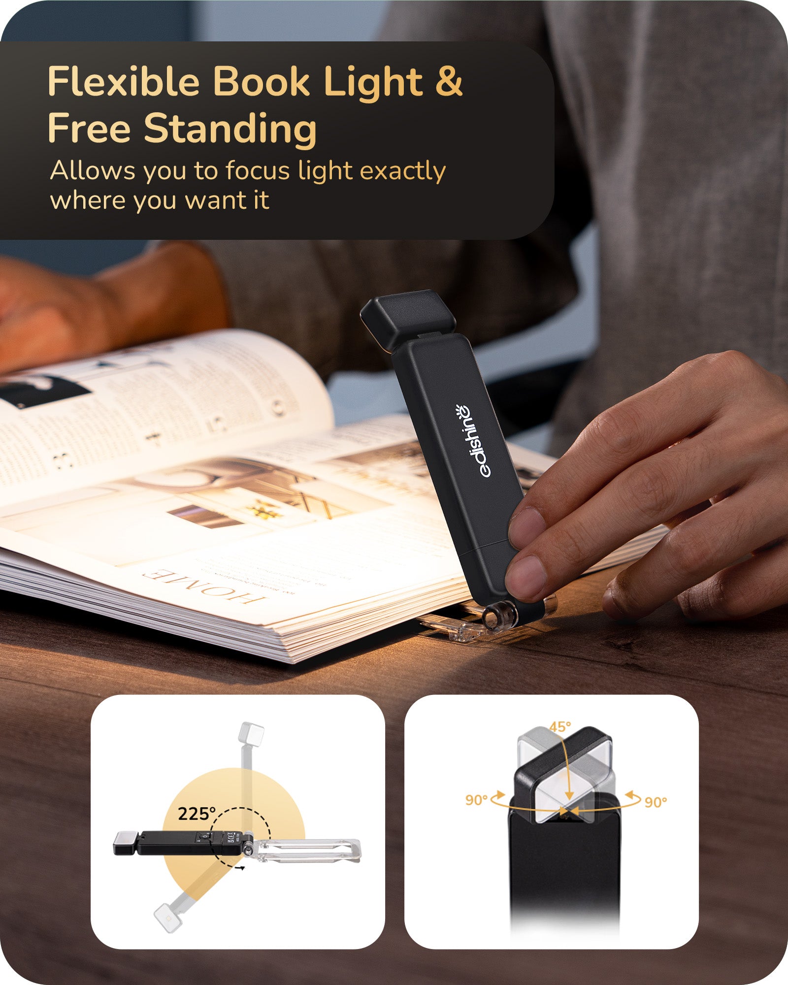 EDISHINE 3 CCT & Stepless Dimmable Book Lights, Black-HBRL05B-B2B