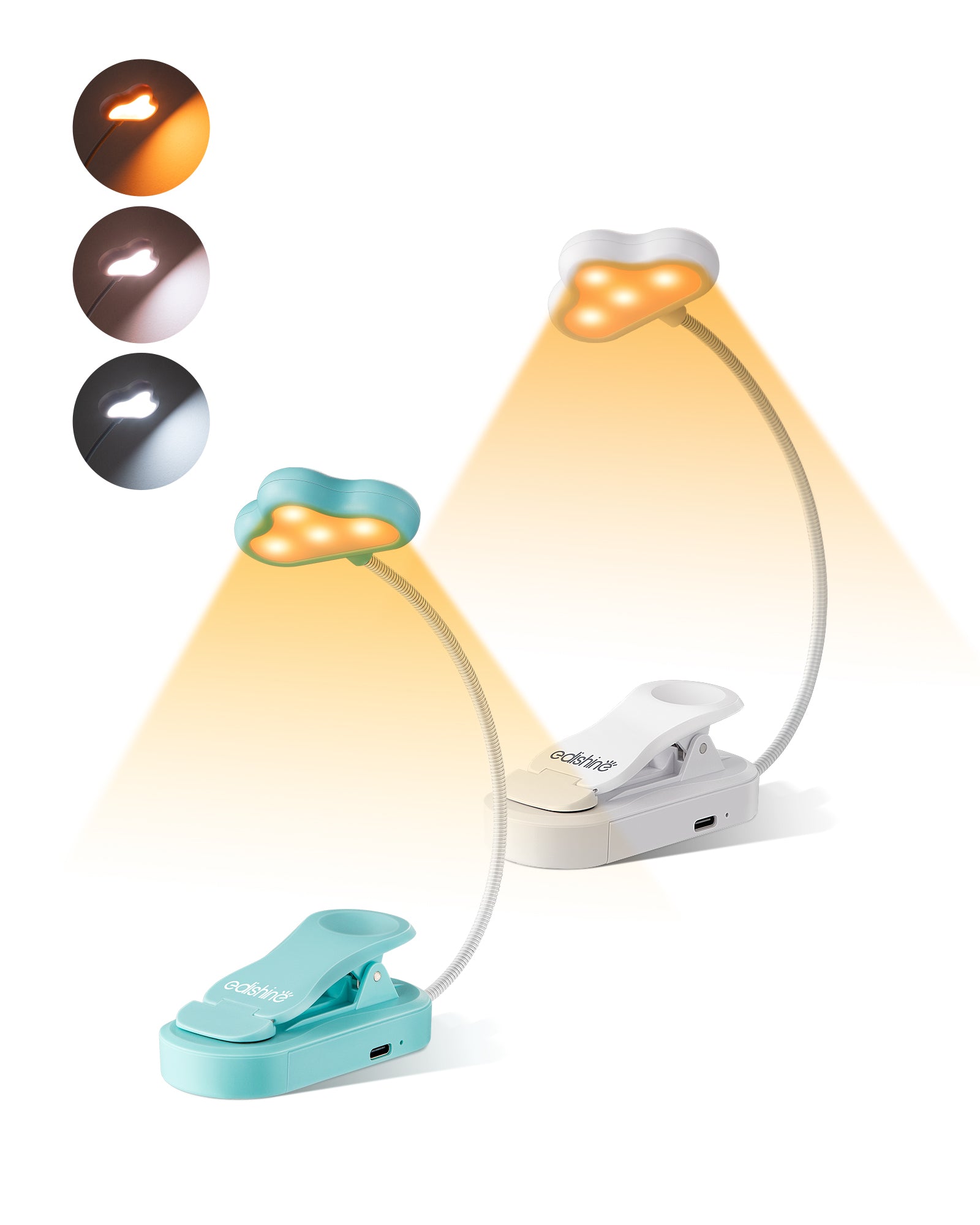缺货下架EDISHINE USB Rechargeable Reading Light, 3 Color Modes & Stepless Dimmable, White Blue, 2Pack-ZHBRL10AC