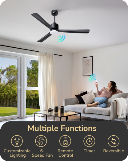EDISHINE 52" Modern Black Ceiling Fans with Lights-HCFM03A