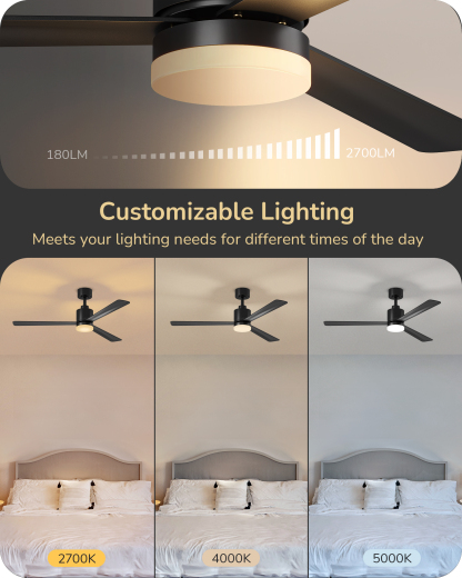 EDISHINE 52" Modern Black Ceiling Fans with Lights-HCFM03A