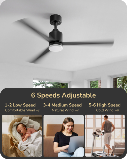 EDISHINE 52" Modern Black Ceiling Fans with Lights-HCFM03A